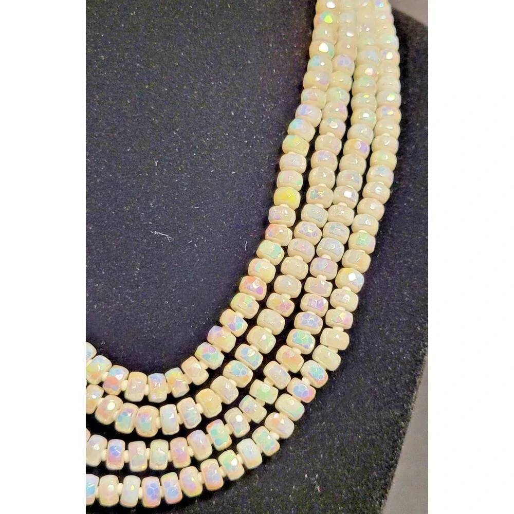 Vintage 1950s 4 Strand Opalescent Glass Bead Necklace Wedding Glam Mid Century